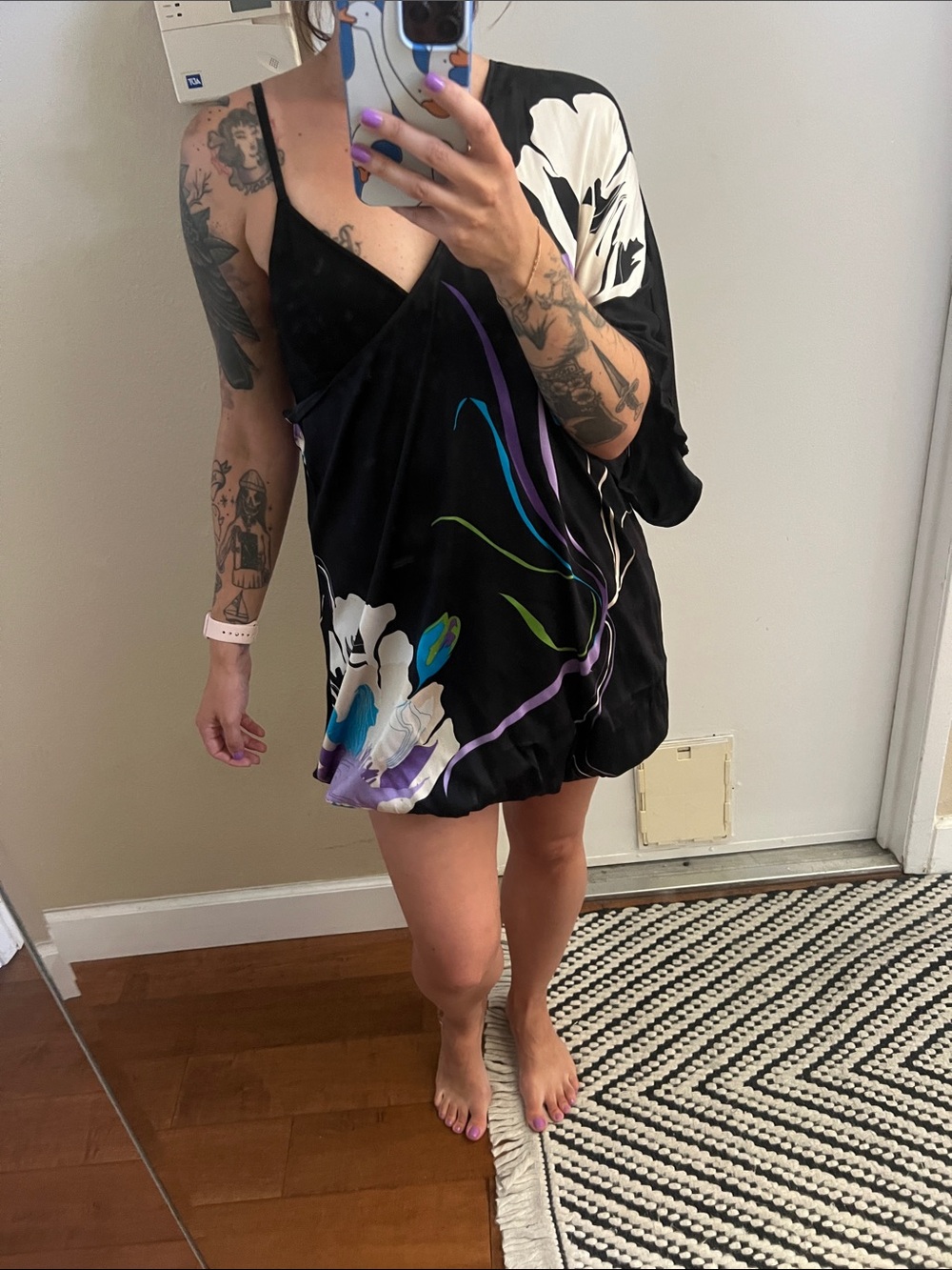 bebe Silk Black Floral One-Shoulder Mini Dress with Purple & Blue Accents